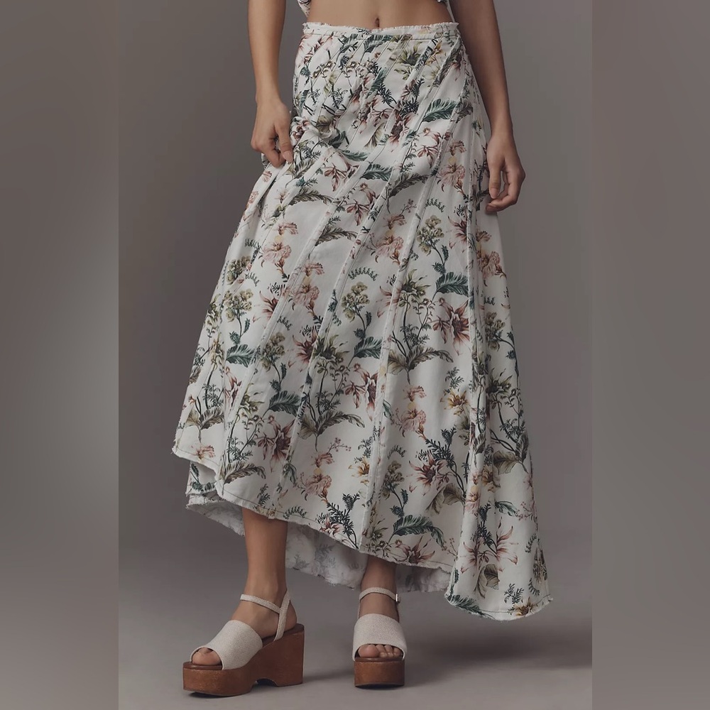 Anthropologie Floral Maxi Skirt - White and Green